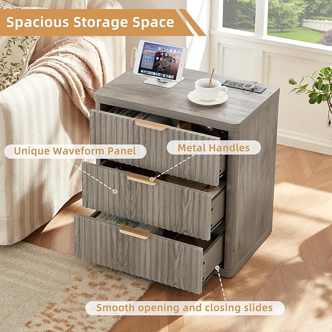 LEYAOYAO 23" Wide Fluted Farmhouse Night Stand Set of 2 with Charging Station, 3 Drawers Large End Table w/Metal Handle,Grey Nightstand Bedside Table,Wood Dresser for Bedroom, Closet