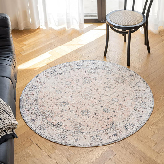 4'x4' Vintage Floral Rug - Persian Inspired Low-Pile Faux Wool Area Rug, Non-Slip Washable Round Rug for Bedroom, Nursery, Dorm, Soft Pink Boho Chic Decor