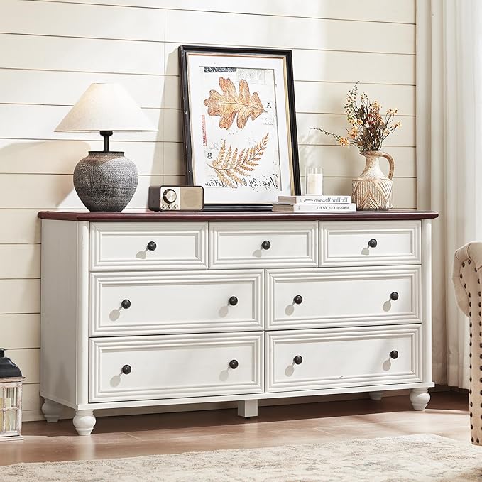 Farmhouse Dressers & Night Stand Set of 4, Wood 54" Wide 7 Drawer Dresser & 45" Tall Chest of Drawers, 18" Roman Column Nightstand Set of 2, Bedroom Furniture Dresser Sets for Home Living Room Hallway