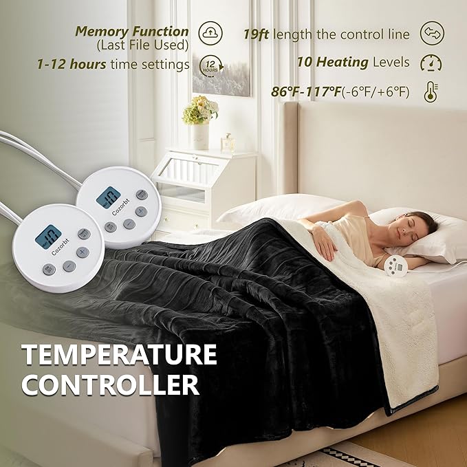 Heat Blanket 84”x90” Queen Size-Dual Control，Soft Flannel & Sherpa Reversible Electric Blanket with 10 Heat Settings,12 Timer Setting and 8 Hours Auto-Off,ETL Certified Machine Washable,Black