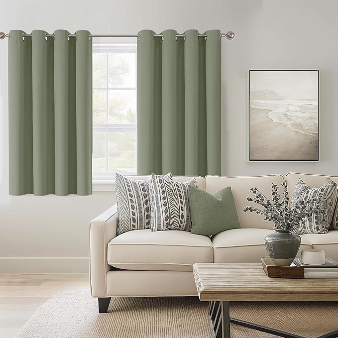 ChrisDowa 100% Blackout sage Solid Curtains 54 Inches Long 2 Panels for Bedroom Living Room,Farmhouse Room Darkening Thermal Insulated Soundproof Grommet Top Window Treatment Drapes,52x54