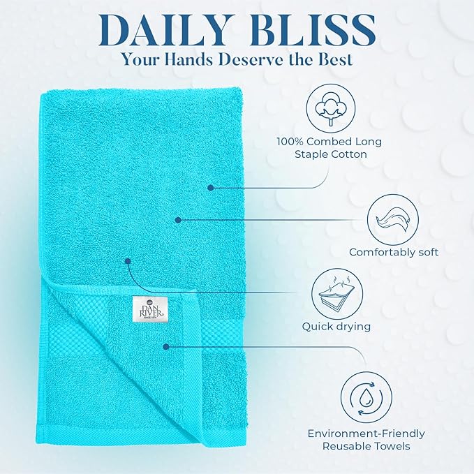 DAN RIVER 6-Pack Premium Hand Towels (16x28 Inches) - 100% Cotton, Ultra Soft, Lightweight, Highly Absorbent Towels for Bathroom, Spa, Gym, Salon, Hotel, and Travel - 550 GSM – Turquoise