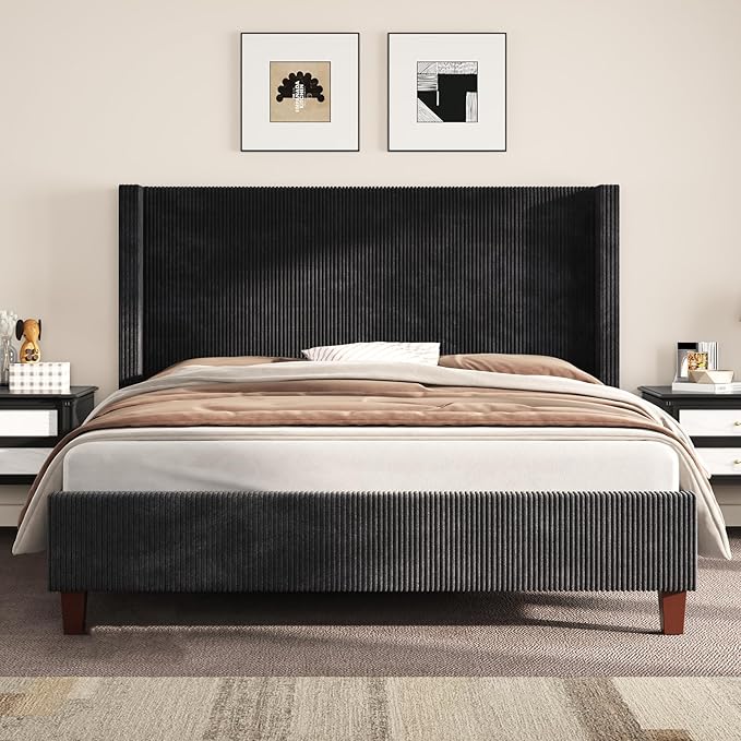 AMERLIFE King Size Upholstered Bed Frame with 50.8" Tall Headboard, Wingback Platform Bed with Solid Wood Legs, Wooden Slats, Corduroy/No Box Spring Needed/Noise Free/Black