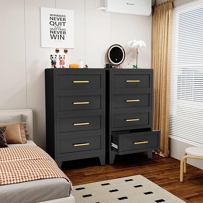 Metal Dresser for Bedroom Tall, Black Dressers & Chest of Drawers, 4 Drawer Dresser with Curved Corner, Storage Cabinet with Drawers for Living Room, Entryway, Home Office (Black, 24" W)