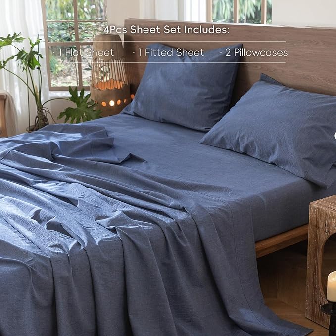 MooMee Bedding Sheet Set 100% Washed Cotton Linen Like Textured Breathable Durable Soft Comfy (Heathered Blue, California King)