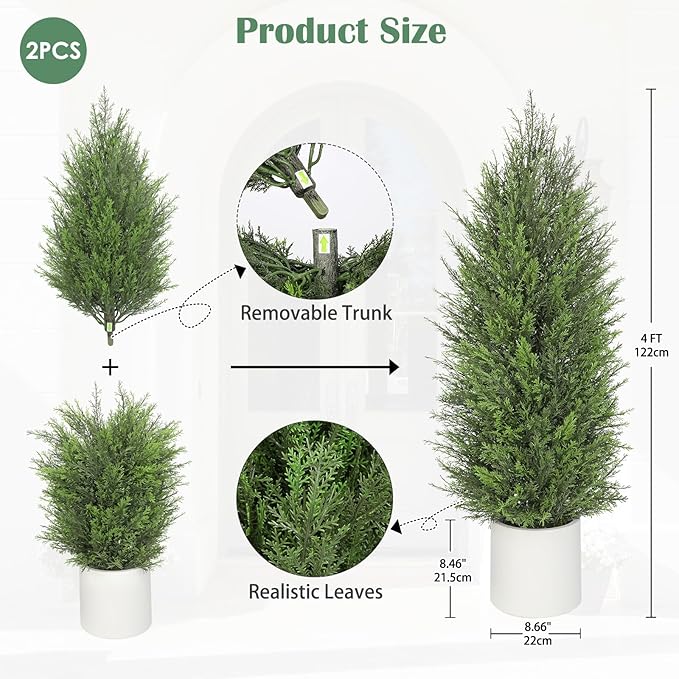 Briful 2PCS 4ft Artificial Cedar Topiary Trees in White Planter – Medium Faux Evergreen Potted Plants, Indoor Outdoor Fake Shrubs, Lifelike Fake Cypress Trees for Home, Office, Patio, Porch