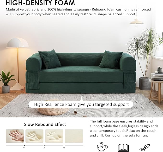 80" Convertible Sofa Bed, Corduroy Deep Seat Folding Pull Out Couch with Pillows, No Assembly Modern Boneless Couch Compression Sofa in Box, Floor Sofa with Storage Pocket for Living Room,Dark Green