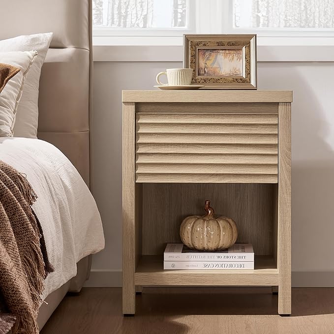 SICOTAS Fluted Nightstands Set of 2-19.6" Wide Wooden Night Stand with Drawer and Storage Shelf, Modern Bedside Table with Thick Top, Boho End Bed Side Tables for Bedroom, Light Oak