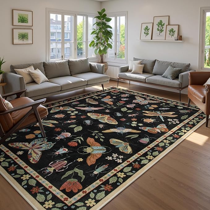 Lahome Insect Area Rugs 8x10, Non Slip Washable Rugs for Living Room 8x10 Rug, Soft Modern Bedroom Rug Under Bed Ultra-Thin Large Carpet for Dining Room Office Playroom, Black