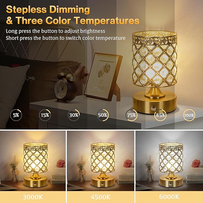 TOBUSA Gold Rechargeable Cordless Table Lamp, 6000mAh Crystal Battery Operated Lamp with 3 Color Temps & Stepless Dimming, Portable Bedside Touch Small Desk Lamp, Vintage Wireless LED Night Light