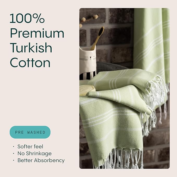 WETCAT Turkish Hand Towels with Hanging Loop, Set of 2 (20" x 30") 100% Turkish Cotton, Pre-Washed, Quick Drying, for Kitchen or Bathroom - Seafoam Green