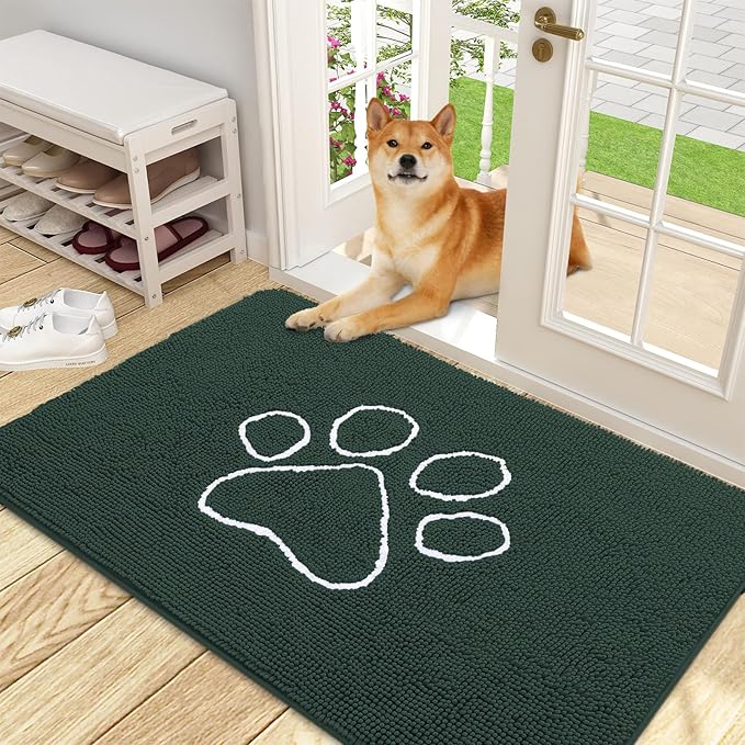 OLANLY Dog Door Mat for Muddy Paws 48x30, Paw Print Design, Absorbs Moisture and Dirt, Absorbent Non-Slip Washable Doormat, Quick Dry Chenille Mud Mat, Entry Indoor Entryway Carpet, Blackish Green