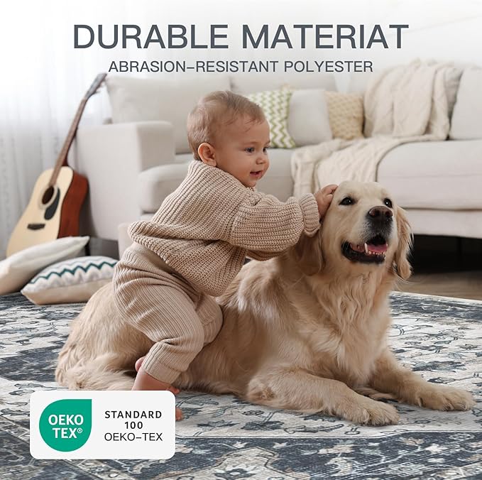 3x5 Vintage Washable Area Rug for Living Room,Low Pile Non Slip Carpet Non-Shedding Small Area Rug Soft Indoor Stain Resistant Rug Floral Print Mat for Bedroom Dining Room Blue Beige