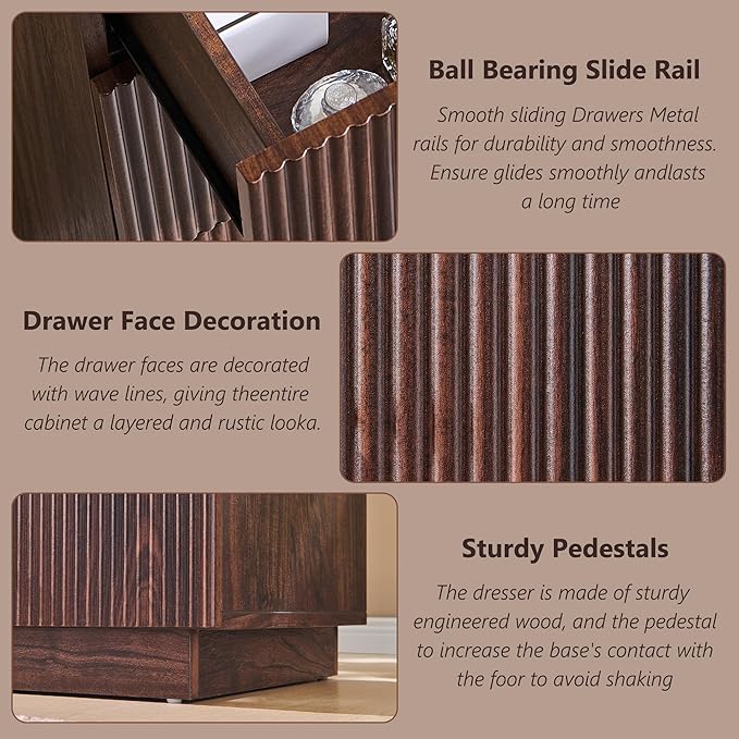 Fluted Dresser for Bedroom, 5 Drawer Dressers, Wood Tall Dresser Storage Organizer, Chest of Drawers with Deep Storage, Modern Bedroom Chest for Closet Hallway, Entryway, Living Room,Brown