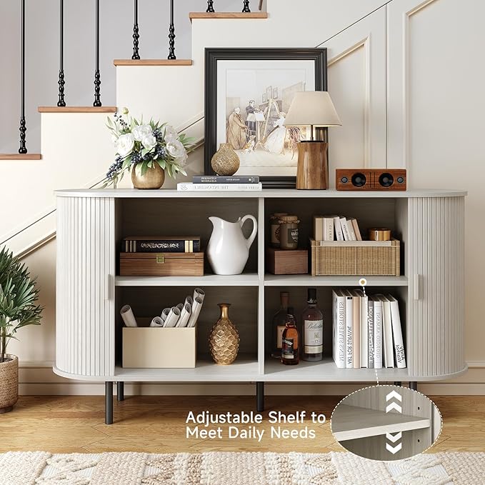 ONBRILL 55" Sideboard Buffet Cabinet with Storage, Storage Cabinet with Sliding Door & Adjustable Shelf, Modern Accent Coffee Bar Console Table for Kitchen, Entryway, Natural White