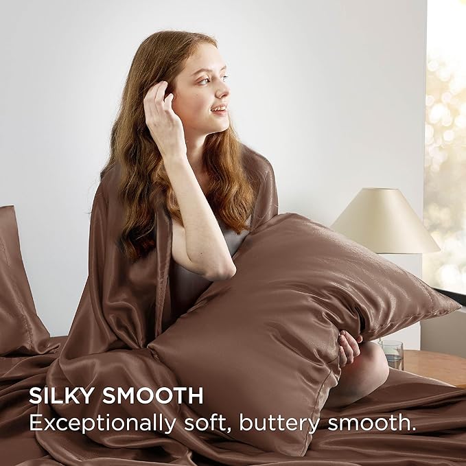 Bedsure Satin Sheets King Size - 4 Piece Silky Bedsheets with 15 Inches Deep Pocket Fitted Bedsheet,1 Flat Sheet, 2 Satin Pillowcases, Good for Hair & Skin (King, Coffee)