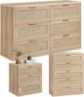 LEYAOYAO Rattan Dresser and Nightstand Sets 3, Boho Wood Dresser for Bedroom with 6 Drawers and Night Stand with 3 Drawer, Bedroom Furniture, Dressers & Chests of Drawers, Living Room, Hallway