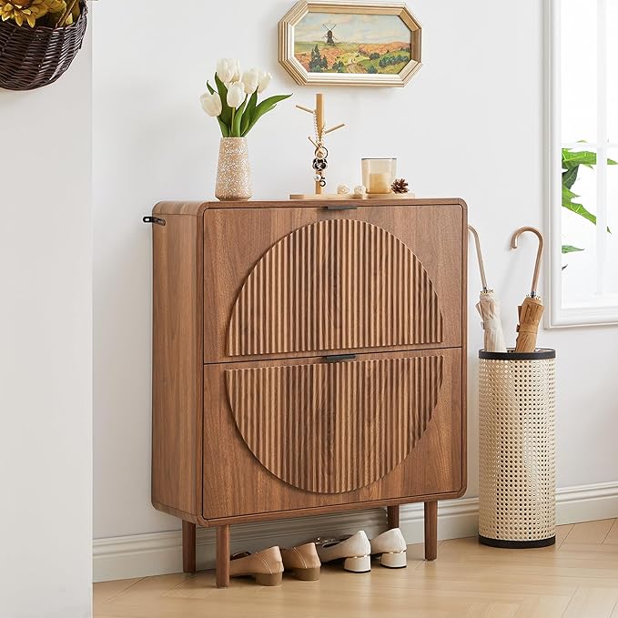 Turtle&Myrtle Modern Shoe Storage Cabinet for Entryway, Narrow Shoe Organizer Cabinet, 2-Tier Flip Down Drawers, Small Freestanding Hidden Wood Slim Shoe Rack,Round Fluted Pattern (Walnut)