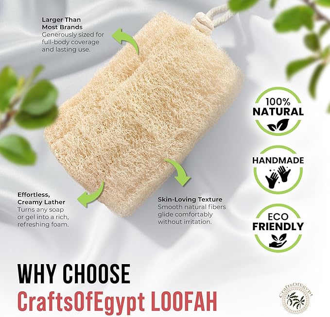 CraftsOfEgypt Natural Loofah Sponge – Egyptian Luffa Body Scrubber Pack of 3 for Men & Women, Natural Bath & Shower Loofah Exfoliator, All Natural Loofah Sponges for Face Back & Body, 6" x 6"