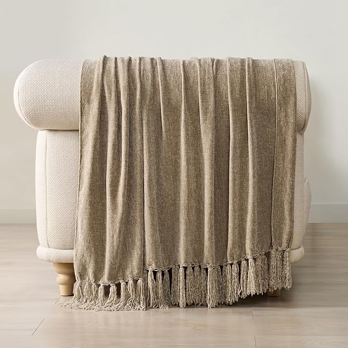 EVERGRACE Soft Chenille Throw Blanket for Couch, Cozy Plush Fuzzy Decorative Chenille Knit Throw Blanket with Tassels, Lightweight Blanket and Throws for Bed Sofa Gift Home Decor, Beige 60"x80"