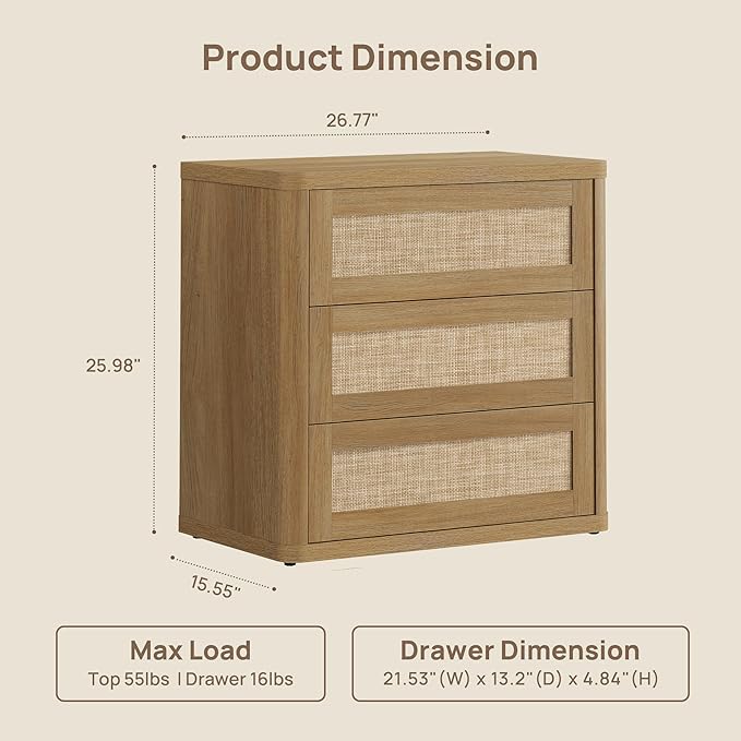 SICOTAS Rattan Night Stand Set 2, 26.8" Wide Oversized Nightstand with 3 Large Drawers, Push-Close & Kid-Safe Curved Edges, Boho Bedside Table End Table for Bedroom Sofa Side Home Office, Amber Oak