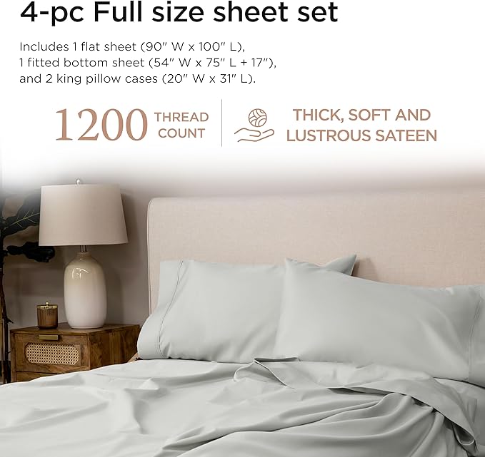 Threadmill Luxury Supima Cotton Sheets, Luxury 1200 Thread Count Soft 100% Cotton Sheets for Full Size Bed, 4 Pc Light Grey Bed Sheets Full Set, 5-Star Hotel Quality Deep Pocket Bed Sheets Set