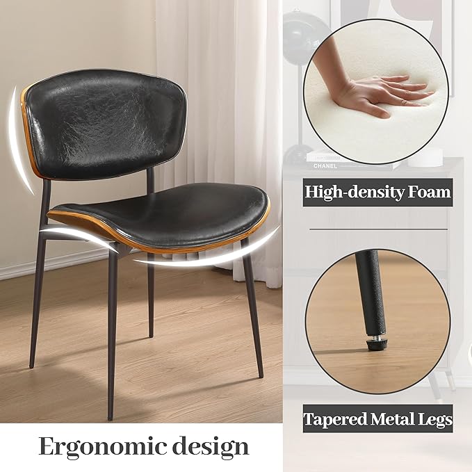 Art Leon Faux Leather Dining Chairs, Set of 2, Mid Century Modern Desk Chair No Wheels, Armless Accent Chair with Black Metal Legs, Black/Walnut
