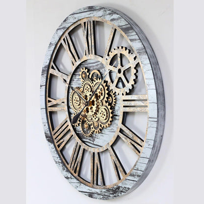 The Gears Clock 36'' Inch Real Moving Gear Wall Clock Vintage Industrial Oversized Rustic Farmhouse (Vintage Grey and White)