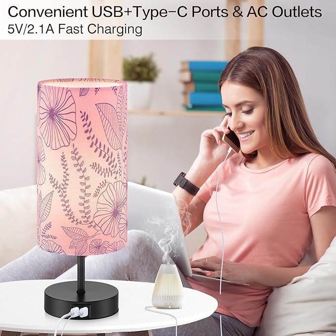 Bedside Table Lamp, Modern Touch Control Desk Lamp with 2 USB Ports & Round Flower Linen Fabric Shade, 3 Way Dimmable Small Nightstand Lamp for Bedroom Living Room Home Office Pink(LED Bulb Included)