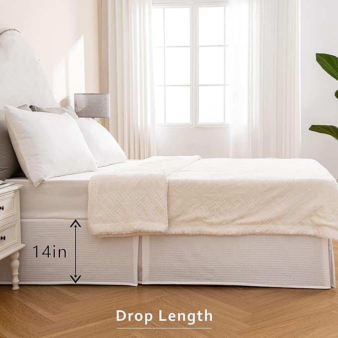 MIYE Pleated Waffle Weave Bed Skirt, Tailored Dust Ruffle 14 Inch Drop Easy Fit, Machine Washable (White, Twin - 14" Drop)