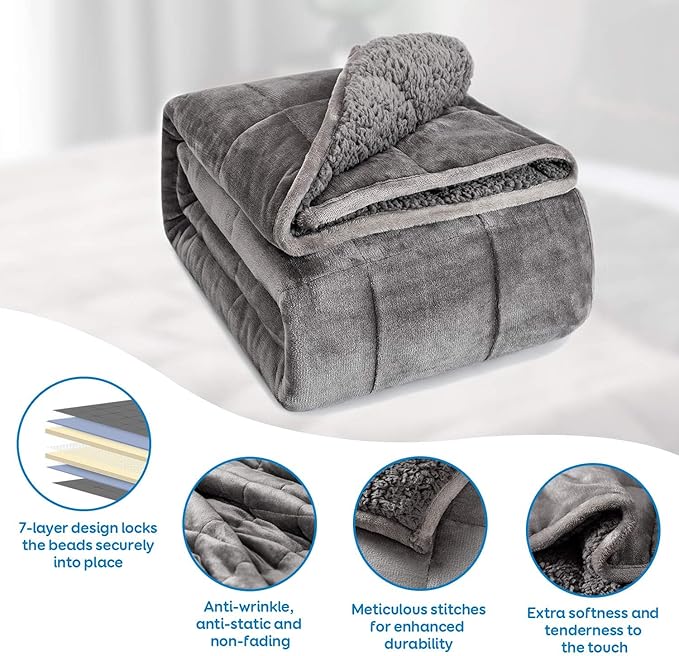 Cottonblue Weighted Blanket 15 lbs Queen Size 60x80 inches, Flannel Shaggy Sherpa Weighted Blanket for Adults Comfortable Weighted Blankets for Calming and Relax, Bed Sofa Heavy Blankets, Grey