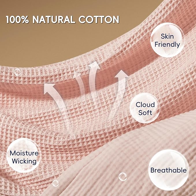PHF 100% Cotton Waffle & Muslin Blanket Twin Size, Soft Breathable Luxury 400GSM Versatile Reversible Bedding for Bed, Great for Layering in Cold Weather, Home Decor Gift, 66" x 90", Rose Smoke