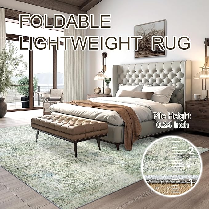 Abstract Rug 8x10 Large Living Room Rugs Neutral Modern Washable Area Rugs for Bedroom Dining Room Non-Slip Stain Resistant Foldable Thin Rug Green