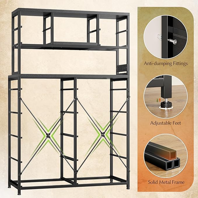 EnHomee Black Dresser with 14 Fabric Drawers, Dresser for Bedroom with Charging Station and LED Lights,Dressers & Chests of Drawers for Bedroom, Steel Frame & Wooden Top, Entryway