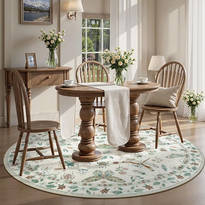 Lahome Insect Washable Round Area Rug, Soft Round Rugs 6ft Ultra-Thin Non-Slip, Boho Large Circle Carpet for Bedroom Living Room Kitchen Nursery, Beige