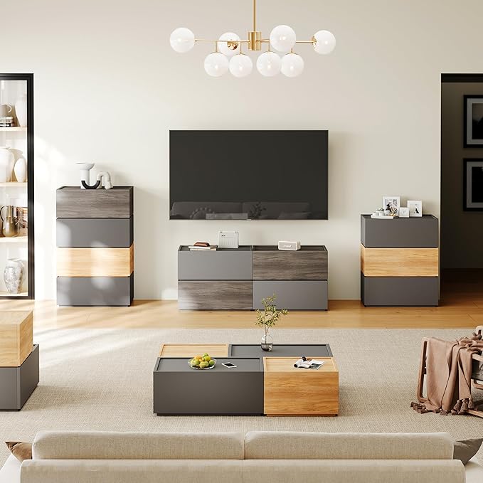 Modular Stackable Drawers, Modern Nightstand Modular Storage Bins - Storage Cabinet, Bedside Table, Sofa End Table for Living Room Hallway Entryway Grey Small Set 1
