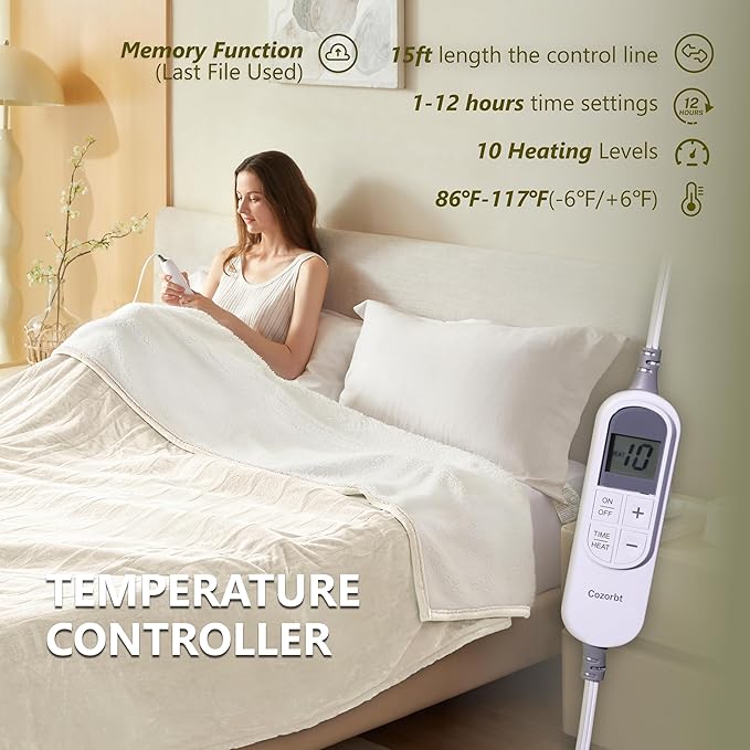 Heat Blanket 62”x84” Twin Size,Soft Flannel & Sherpa Reversible Electric Blanket with 10 Heat Settings,12 Timer Setting and 8 Hours Auto-Shut Off,ETL Certified Machine Washable,Ivory