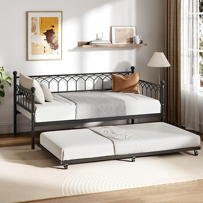 GarveeHome Twin Size Metal Roll Out Trundle Bed Frame with Wheels and Slats Support, Black