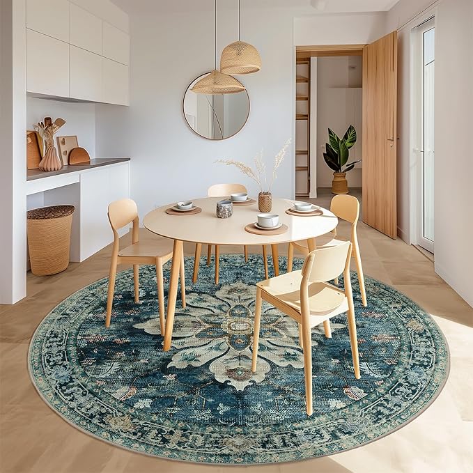 Area Rugs 8ft Washable Non-Slip, Floral Vintage Distress Print Pattern Medallion Carpet for Living Room Bedroom Dining Room, Dark Blue Vintage
