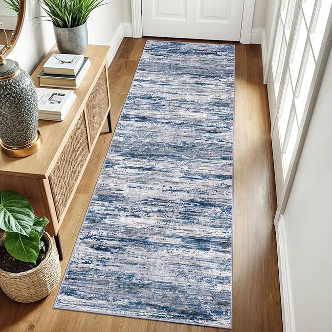 2.6x8 Modern Abstract Runner Rug for Hallways, Navy Blue Gray Neutral Multi Super Soft Hallway Decor Kitchen Rugs with Non-Slip, Non-Shedding Washable Rug for Entryway Bedroom Indoor