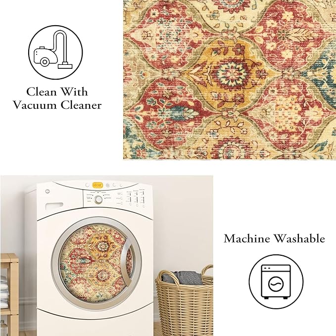 Lahome Moroccan Trellis Washable Round Area Rug, Round Rug 5ft Soft Non-Slip, Non-Shedding Distressed Circle Carpet for Bedroom Living Room Bathroom Nursery Kitchen, Red/Orange