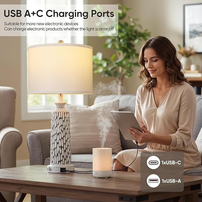 QiMH Table Lamp for Living Room,Bedside Lamps for Bedroom Set of 2 with USB A+C Ports,3-Way Dimmable Touch Control, Modern Coastal White Grey Resin Nightstand Lamp, Included 2700K LED Bulbs