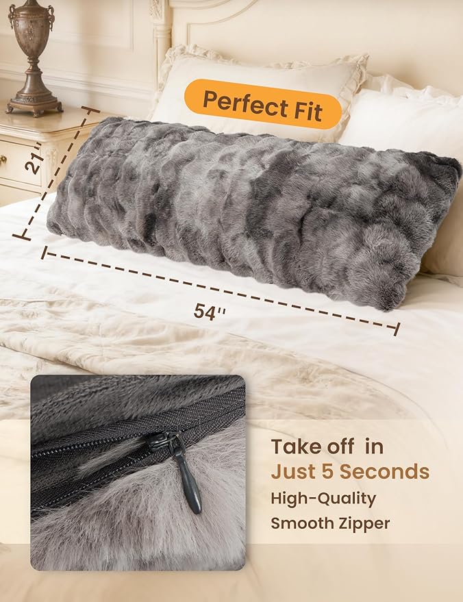 ZonLi Fluffy Bubble Body Pillow – Faux Rabbit Fur Long Pillow for Adults, 20x54 Inch Plush Body Pillow for Sleeping & Lounging, Dual-Sided Soft Cover with Adjustable Memory Foam Filling, Grey