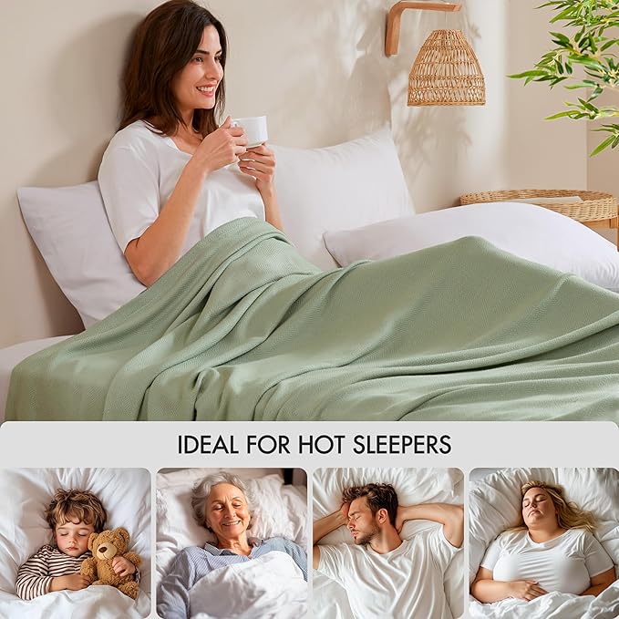 Madison Park Queen Size Blanket, 70% Rayon Bamboo-Based, 30% Cotton, Breathable for Hot Sleepers Menopause, Ultra Soft and Snag-Resistant, Summer Blanket for Bed or Couch, Queen 90"x90" Sage Green