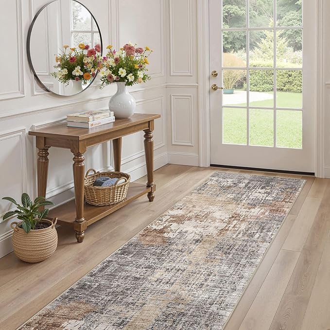 Washable Runner Rug for Hallway: 2.6x10 Neutral Modern Abstract Low Pile Area Rug with Non-Slip Backing - Carpet for Bedroom Kitchen Laundry Entryway Bathroom Indoor - Grey Brown