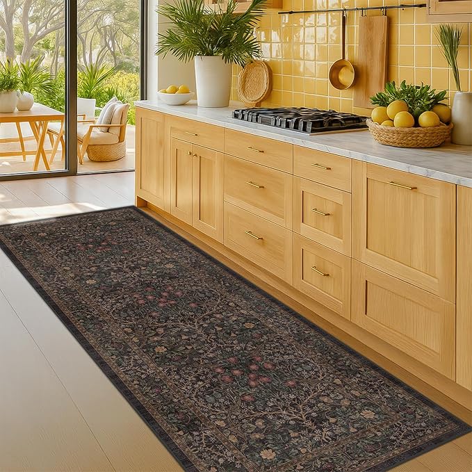 Brown Boho Washable 2x6 Runner Rugs for Hallway, Kitchen,Bedroom Beside, Laundry Room, Bathroom Rug, Pet & Kids Friendly, Non Slip Low Pile Stain Resistant Soft Long Floral 24 x 72 Floor Carpet