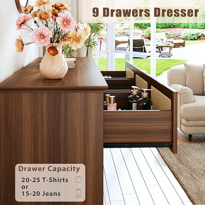 9 Drawer Dresser for Bedroom, 60 Inch Long Dressers & Rattan Chest of Drawers, Boho Style, Large TV Stand for 55, 65, 70 Inch TV, for Bedroom, Living Room, Entryway, Hallway, Walnut