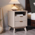 T4TREAM Fluted Nightstand with Charging Station, 18" Modern Side Table with 2 Drawers, End Table w/Storage, Bedside for Bedroom, Living Room, Curved Profile Design, White Alder