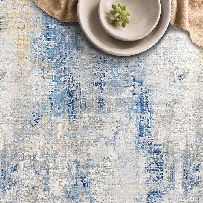 vivorug 9x12 Area Rugs for Living Room, Non Slip Machine Washable Modern Abstract Rug, Ultra-Thin Lightweight Large Area Rug for Bedroom, Dining Room, Low Pile, Blue Ivory Yellow