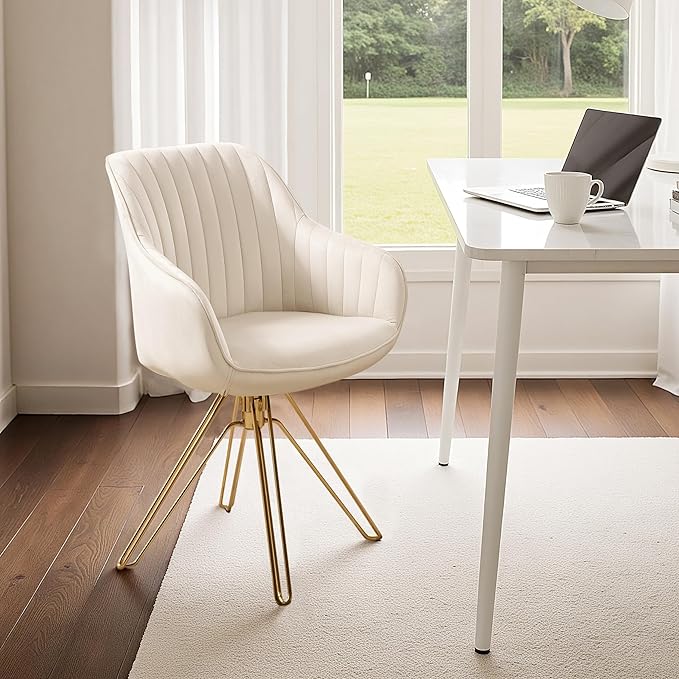 Zouron Mid Century Modern Swivel Accent Chair with Gold Metal Legs, Upholstered Desk Chair No Wheels, Side Office Arm Chair Vanity Chair for Small Space Home Office Living Room Bedroom, Beige